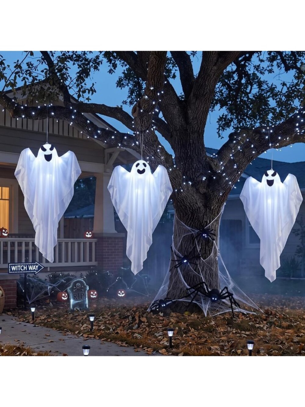 3 Pack Lighted Hanging Ghost Decorations – 32" Battery Operated with Timer for